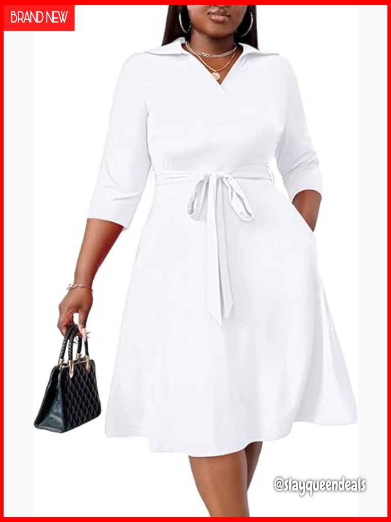 Plus Size Midi Dress - 3/4 Sleeve V-Neck A-Line With Pockets & Belt